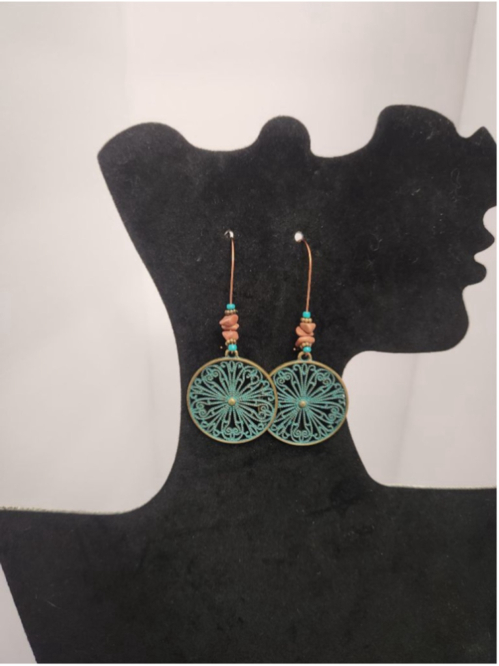 Teal Dangle Filigree Earrings with beaded accents